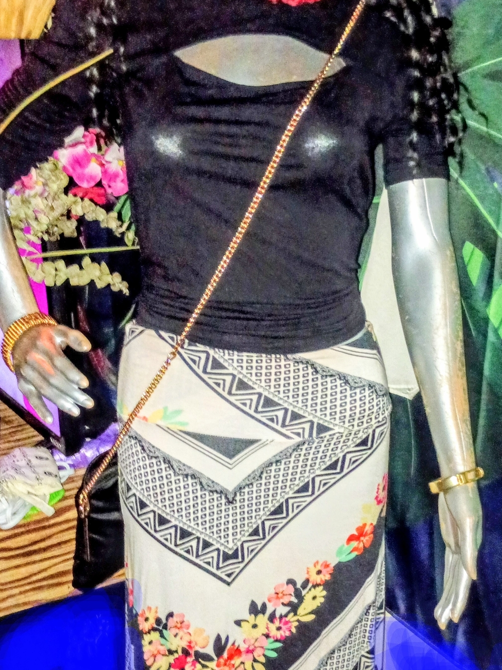 Black Cutout Top with Floral Geometric Skirt